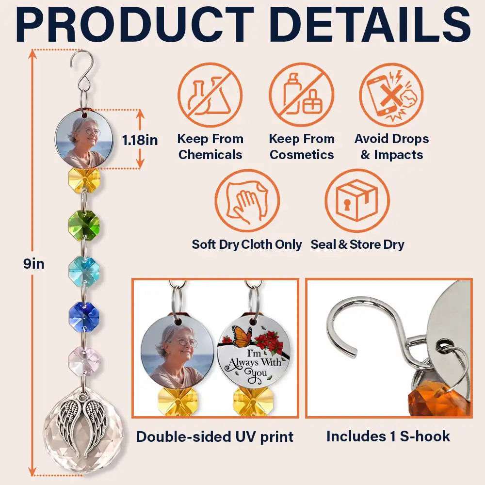 Christmas, Custom Photo, Sympathetic, Family, Memorial, Upload Full Photo, Icon - Custom Photo Memorial I'm Always With You - Personalized Crystal Suncatcher With Charm