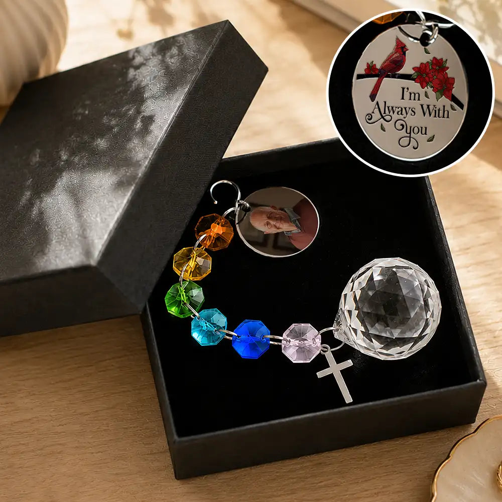 Christmas, Custom Photo, Sympathetic, Family, Memorial, Upload Full Photo, Icon - Custom Photo Memorial I'm Always With You - Personalized Crystal Suncatcher With Charm