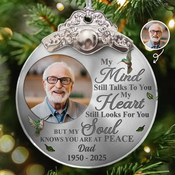Sad,Memorial,Family,Parents,Gift For Grandparents,Christmas - Custom Photo Memorial My Mind Still Talks To You - Personalized Glass Ornament With Silver Cap