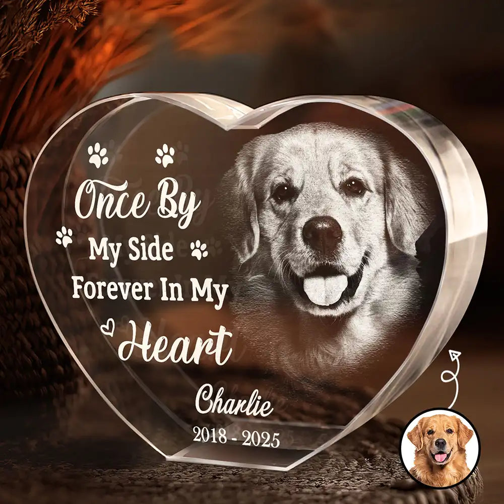 Memorial, Custom Photo, Pet Lovers, Sad - Custom Photo Memorial Once By My Side Forever In My Heart - Personalized Crystal Heart