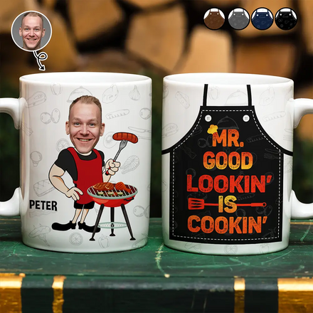Custom Photo Mr. Good Looking Is Cooking Grilling Apron - Personalized White Edge-to-Edge Mug