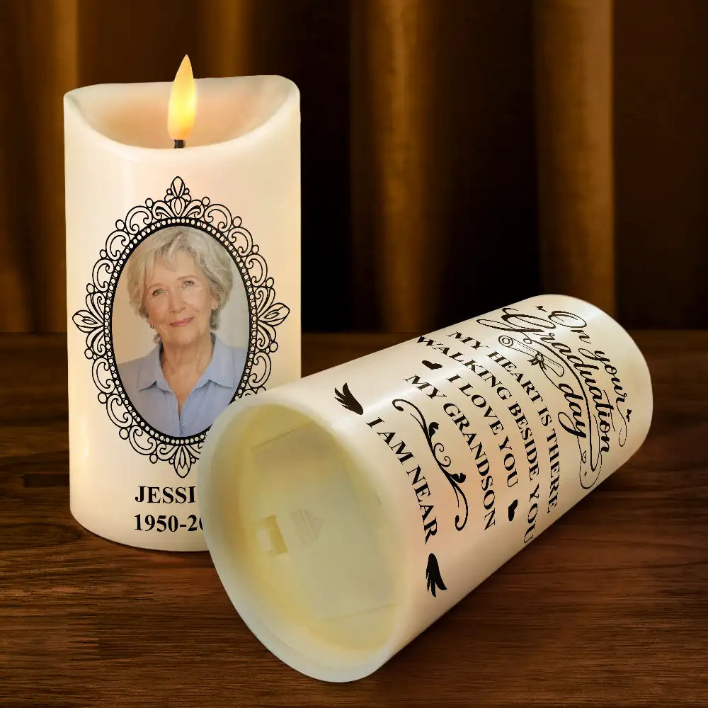 Graduation,Memorial,Gift For Yourself,Gift For Daughter,Gift For Son,Sad - Custom Photo My Heart Is There Walking Beside You - Personalized Flameless LED Candle