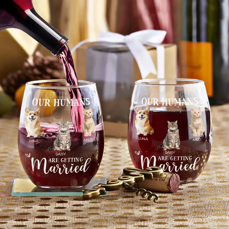 Pet Lovers, Cat Lovers, Dog Lovers, Wedding, Engaged, Happy, Wedding Anniversary - Custom Photo My Humans Are Getting Married - Personalized Stemless Wine Glass