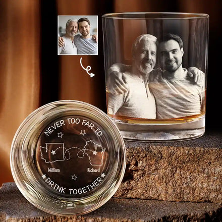 Custom Photo Never Too Far To Drink Together - Personalized Engraved Whiskey Glass