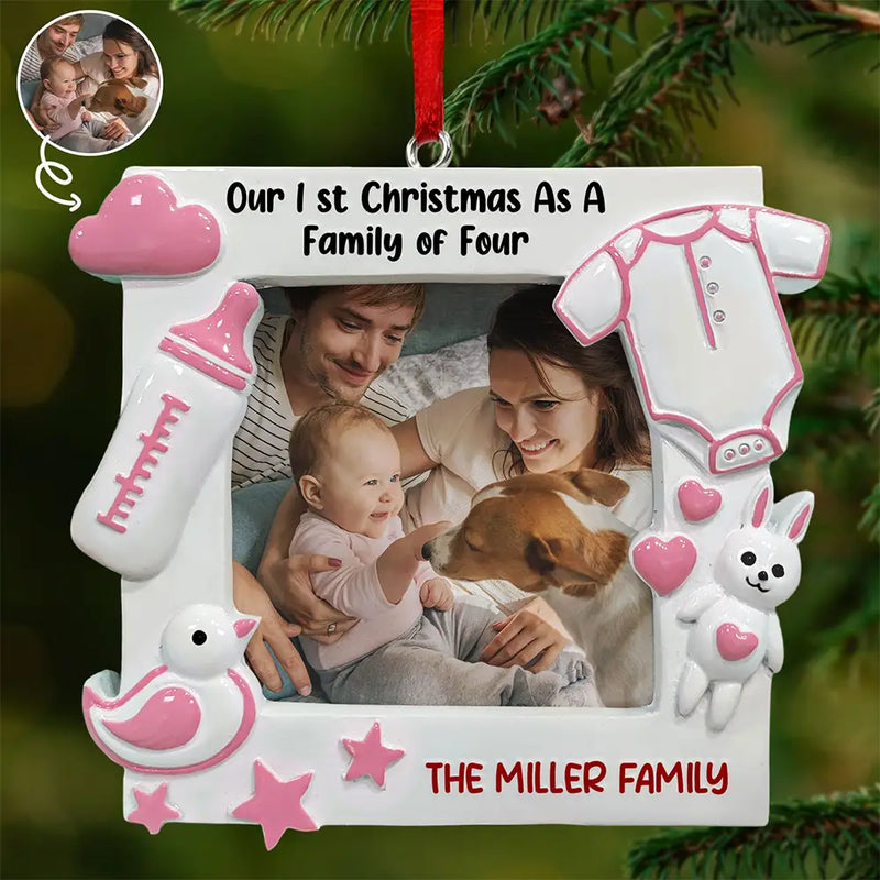 New baby, Custom Photo, Christmas, Happy - Custom Photo New Baby First Christmas As A Family Of Four - Personalized Embossed Ceramic Ornament