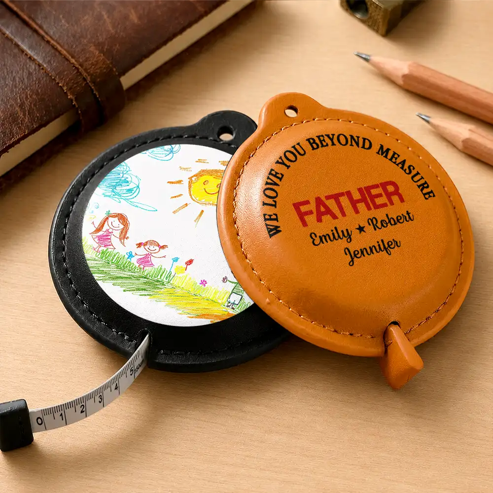 Gift For Father, Custom Photo, Adorable, Upload Full Photo - Custom Photo No One Measures Up To You With Kid's Drawing - Personalized Leather Tape Measure