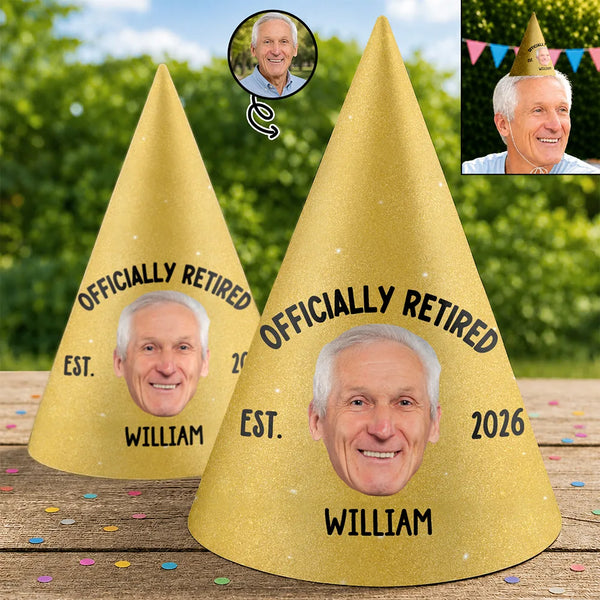 Custom Photo, Retirement, Gift For Men, Gift For Yourself, Humorous, Cut-Face Photo - Custom Photo Officially Retired Funny Face - Personalized Party Hats