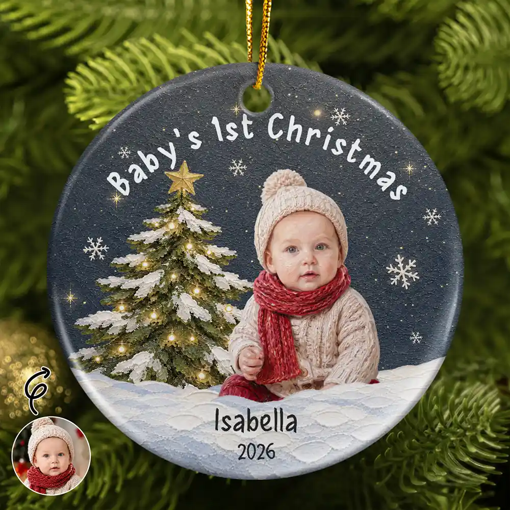 Art Design,New Mom,Sentimental,Christmas,Gift For Mother,Photo - Oil Painting - Custom Photo Oil Painting Baby First Christmas - Personalized Circle Ceramic Ornament