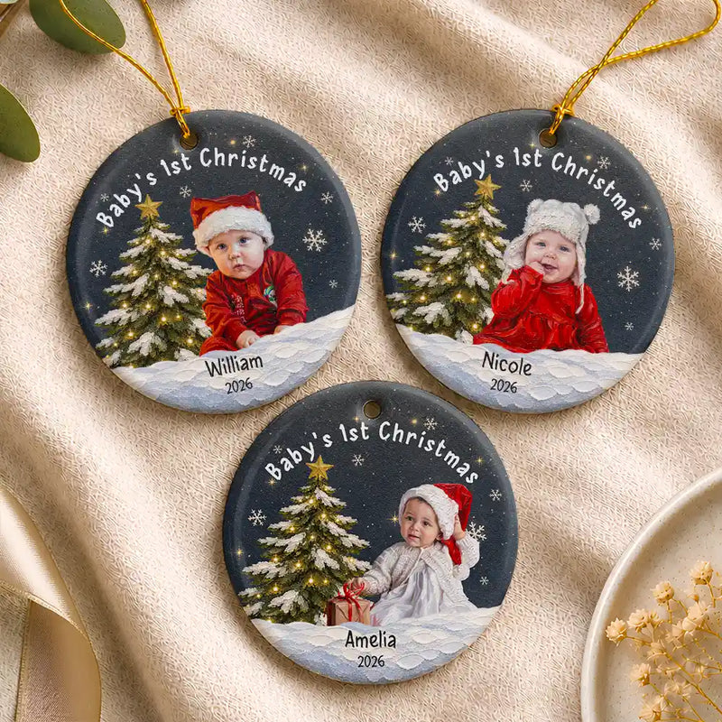Art Design,New Mom,Sentimental,Christmas,Gift For Mother,Photo - Oil Painting - Custom Photo Oil Painting Baby First Christmas - Personalized Circle Ceramic Ornament