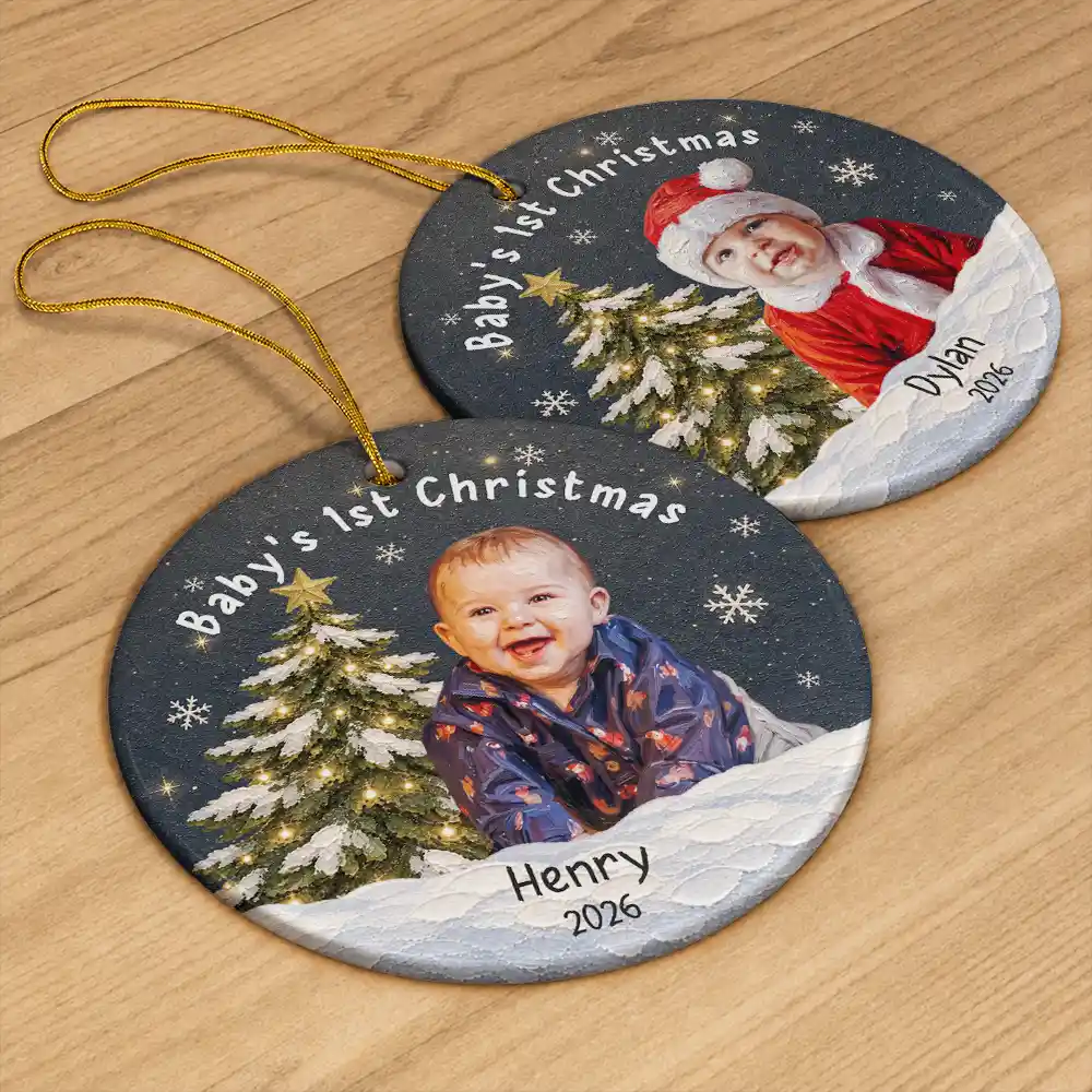 Art Design,New Mom,Sentimental,Christmas,Gift For Mother,Photo - Oil Painting - Custom Photo Oil Painting Baby First Christmas - Personalized Circle Ceramic Ornament