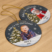 Art Design,New Mom,Sentimental,Christmas,Gift For Mother,Photo - Oil Painting - Custom Photo Oil Painting Baby First Christmas - Personalized Circle Ceramic Ornament