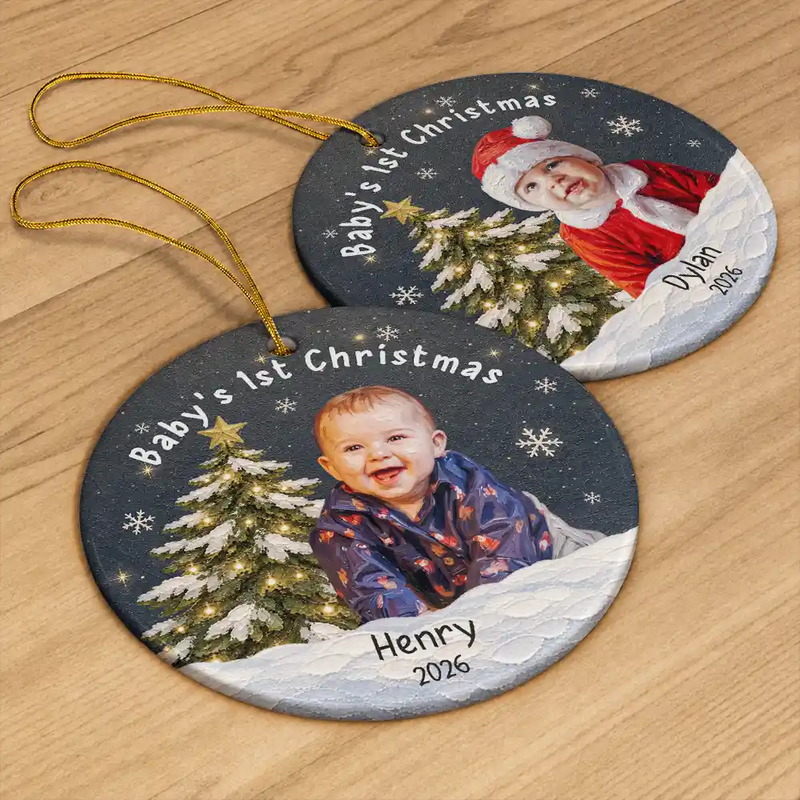 Art Design,New Mom,Sentimental,Christmas,Gift For Mother,Photo - Oil Painting - Custom Photo Oil Painting Baby First Christmas - Personalized Circle Ceramic Ornament