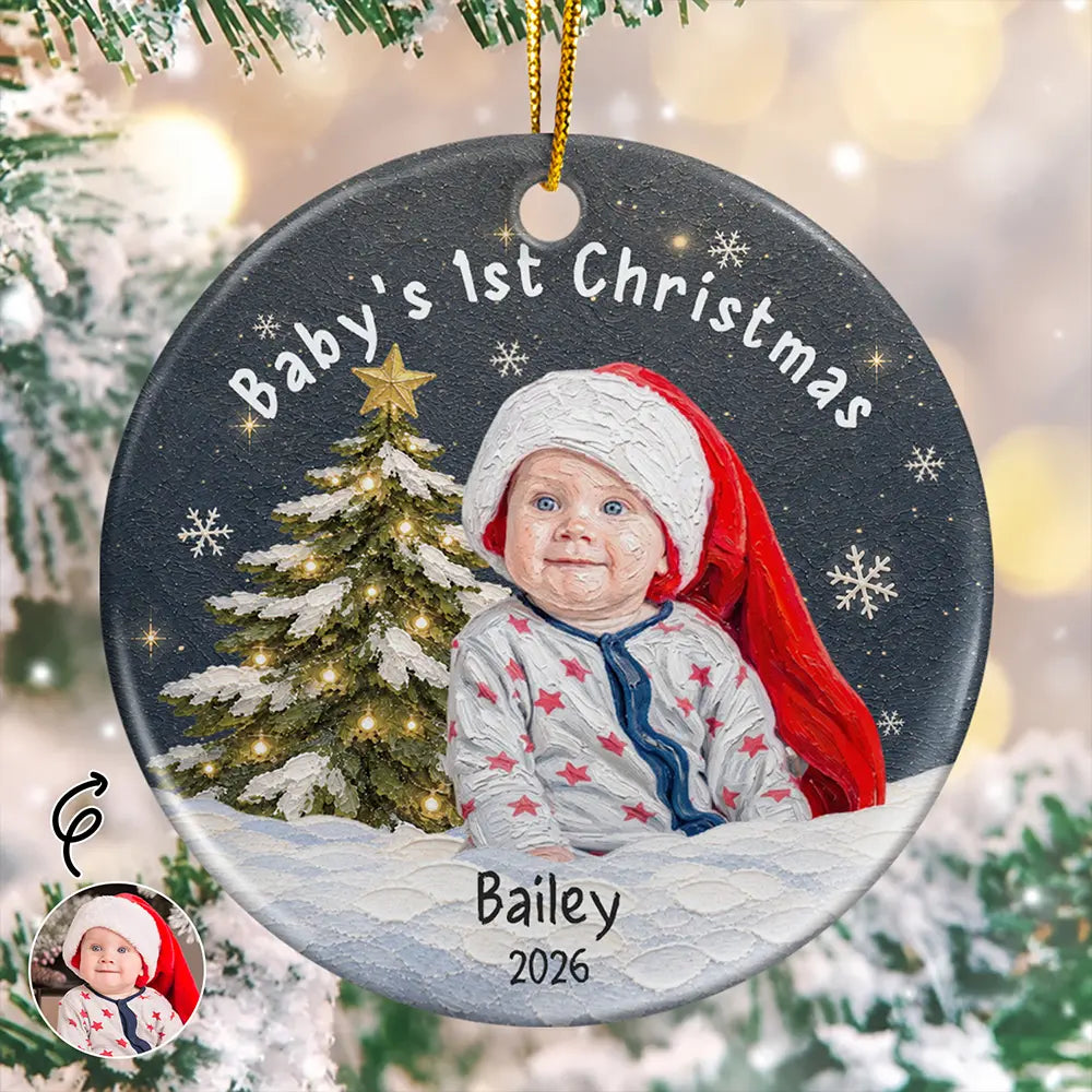 Art Design,New Mom,Sentimental,Christmas,Gift For Mother,Photo - Oil Painting - Custom Photo Oil Painting Baby First Christmas - Personalized Circle Ceramic Ornament