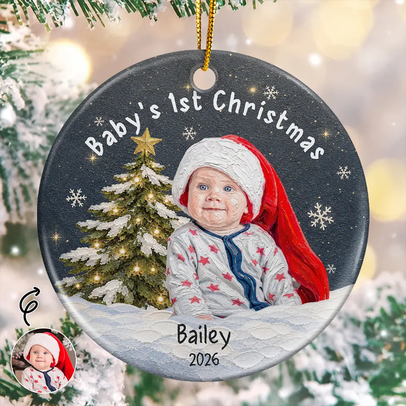 Art Design,New Mom,Sentimental,Christmas,Gift For Mother,Photo - Oil Painting - Custom Photo Oil Painting Baby First Christmas - Personalized Circle Ceramic Ornament