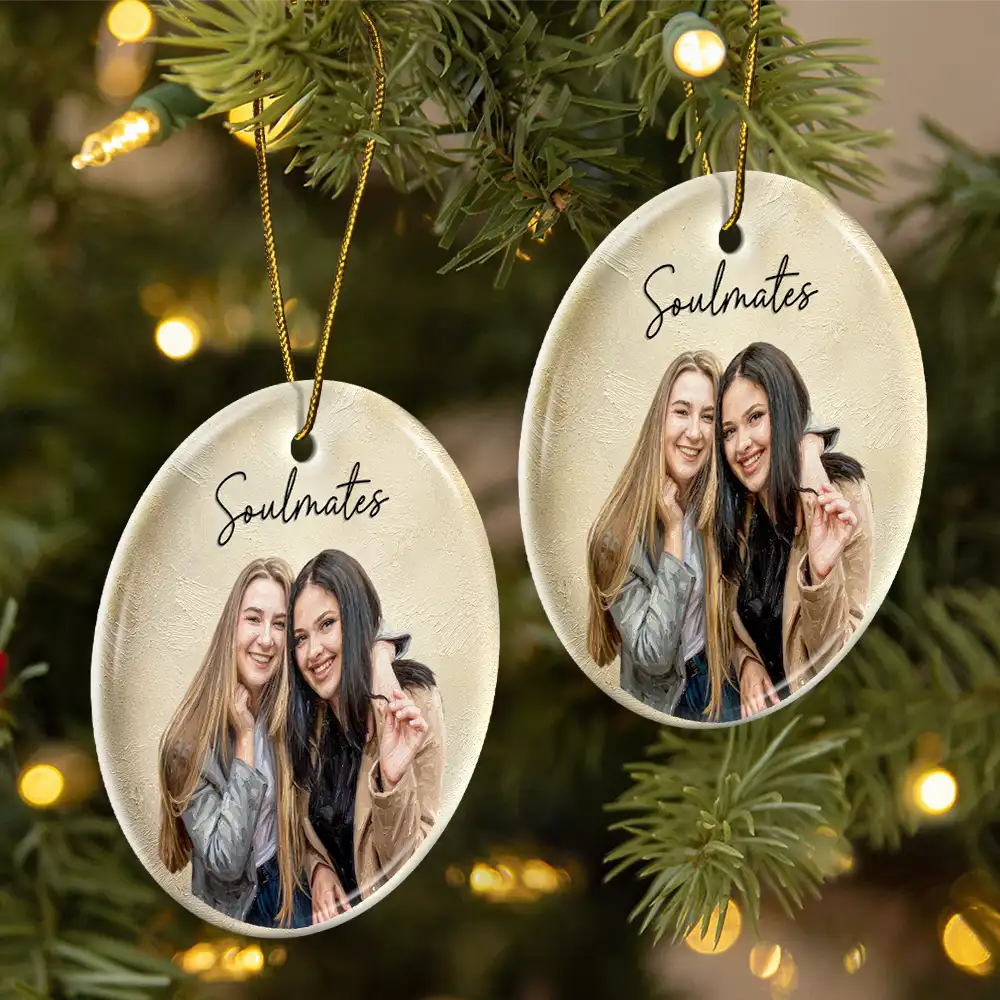 Art Design,Sentimental,Gift For Bestie,Christmas,Photo - Oil Painting - Custom Photo Oil Painting Besties Forever - Personalized Circle Ceramic Ornament