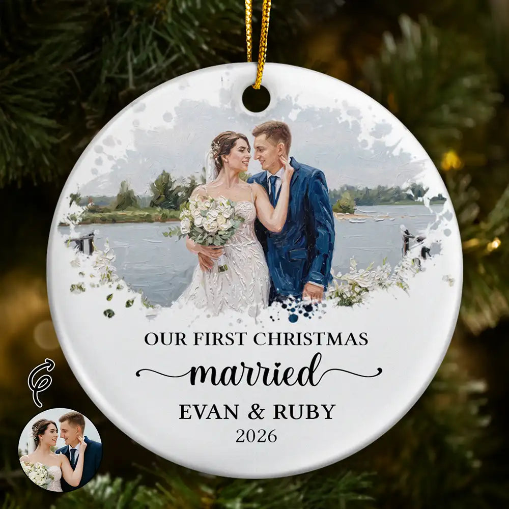 Art Design,Christmas,Married Couple,Romantic,Gift For Couples,Photo - Oil Painting - Custom Photo Oil Painting Couple Portrait Our First Christmas - Personalized Circle Ceramic Ornament