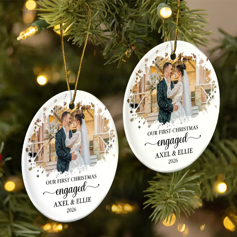 Art Design,Christmas,Married Couple,Romantic,Gift For Couples,Photo - Oil Painting - Custom Photo Oil Painting Couple Portrait Our First Christmas - Personalized Circle Ceramic Ornament
