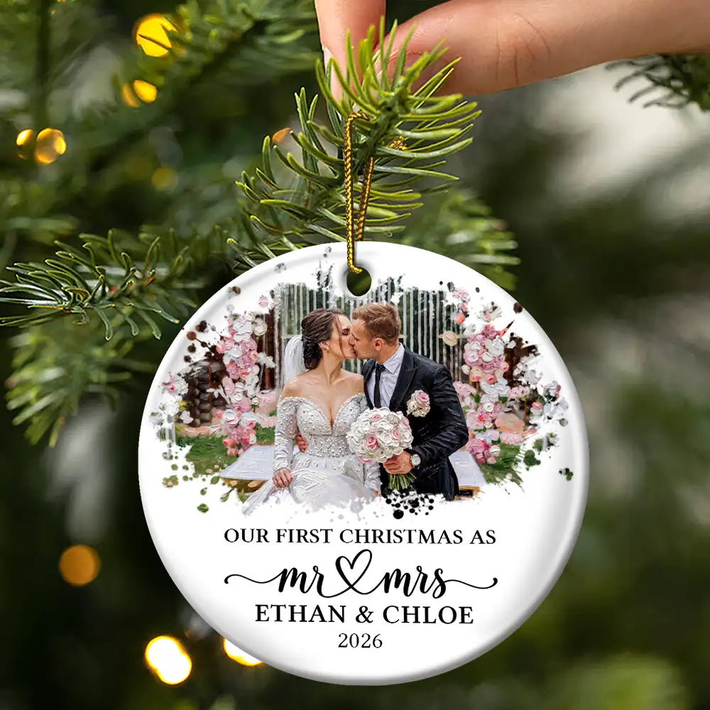 Art Design,Christmas,Married Couple,Romantic,Gift For Couples,Photo - Oil Painting - Custom Photo Oil Painting Couple Portrait Our First Christmas - Personalized Circle Ceramic Ornament