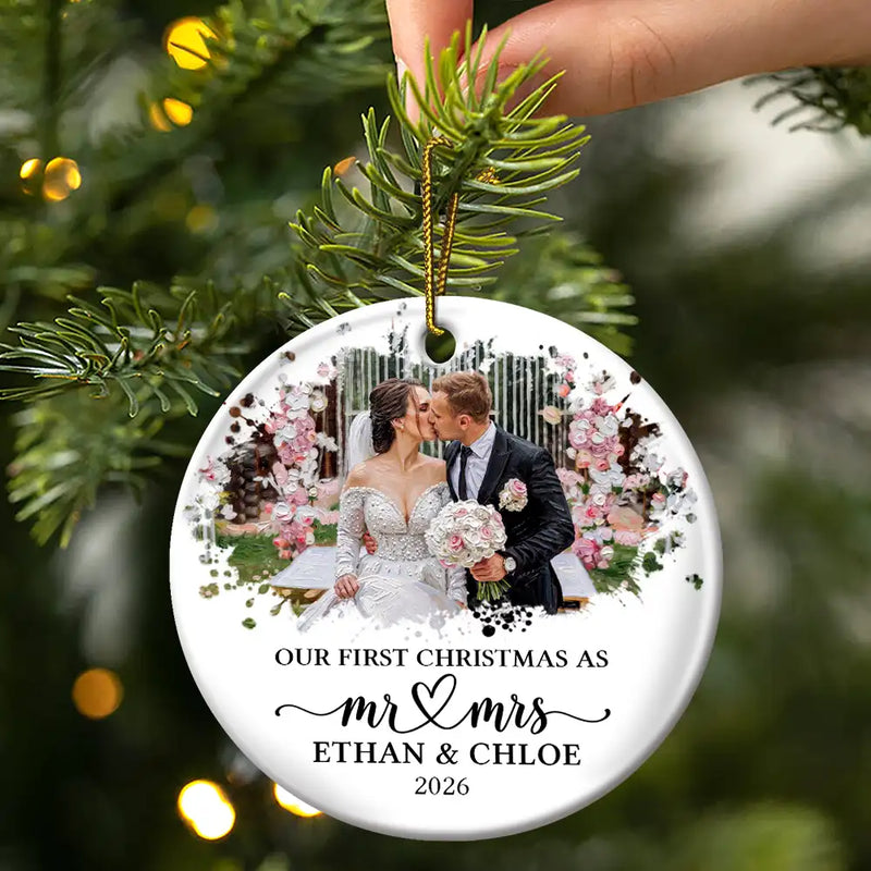 Art Design,Christmas,Married Couple,Romantic,Gift For Couples,Photo - Oil Painting - Custom Photo Oil Painting Couple Portrait Our First Christmas - Personalized Circle Ceramic Ornament