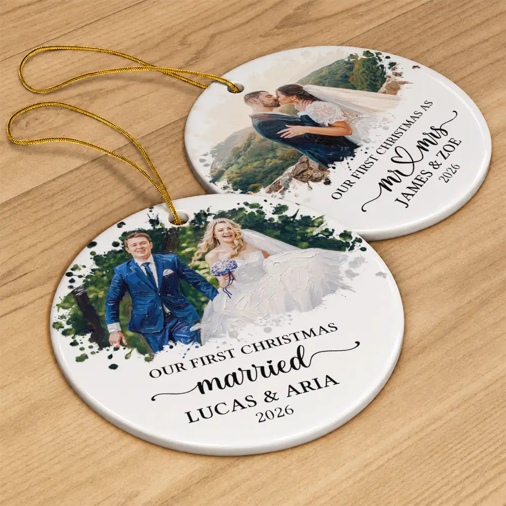 Art Design,Christmas,Married Couple,Romantic,Gift For Couples,Photo - Oil Painting - Custom Photo Oil Painting Couple Portrait Our First Christmas - Personalized Circle Ceramic Ornament