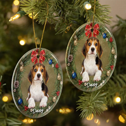 Art Design,Christmas,Cozy,Dog Lovers,Pet Lovers,Photo - Oil Painting - Custom Photo Oil Painting Dog Pet Portrait In Floral Wreath - Personalized Circle Ceramic Ornament