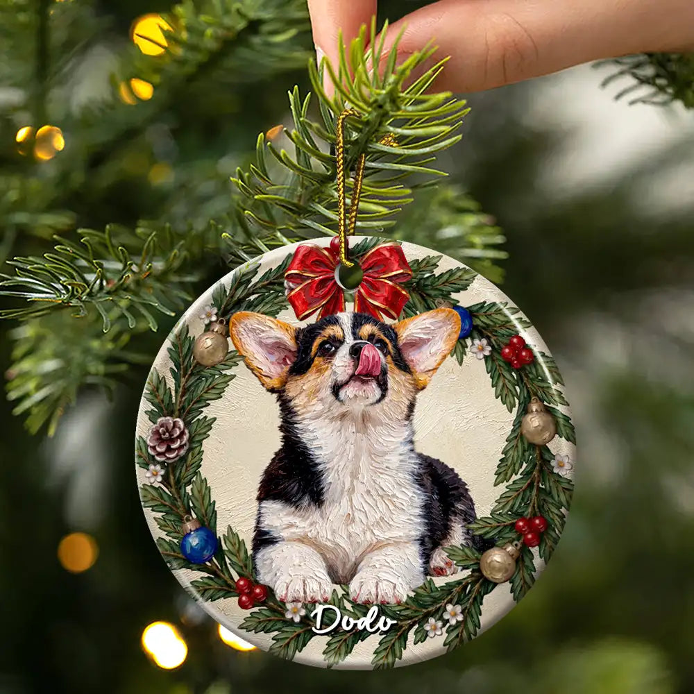 Art Design,Christmas,Cozy,Dog Lovers,Pet Lovers,Photo - Oil Painting - Custom Photo Oil Painting Dog Pet Portrait In Floral Wreath - Personalized Circle Ceramic Ornament