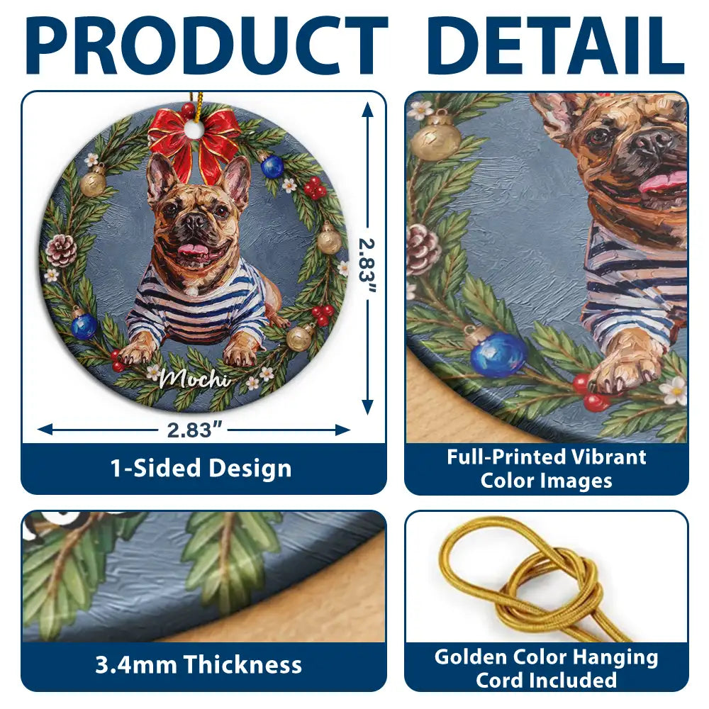 Art Design,Christmas,Cozy,Dog Lovers,Pet Lovers,Photo - Oil Painting - Custom Photo Oil Painting Dog Pet Portrait In Floral Wreath - Personalized Circle Ceramic Ornament