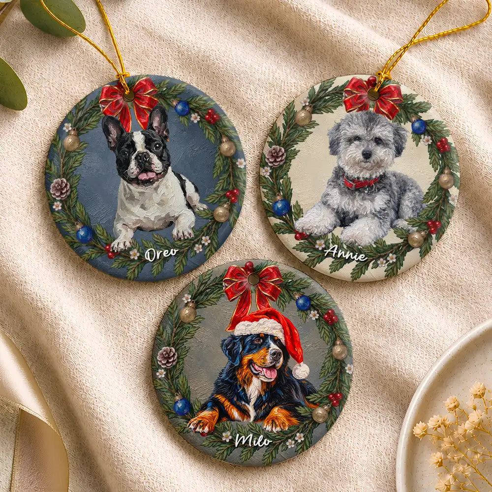 Art Design,Christmas,Cozy,Dog Lovers,Pet Lovers,Photo - Oil Painting - Custom Photo Oil Painting Dog Pet Portrait In Floral Wreath - Personalized Circle Ceramic Ornament