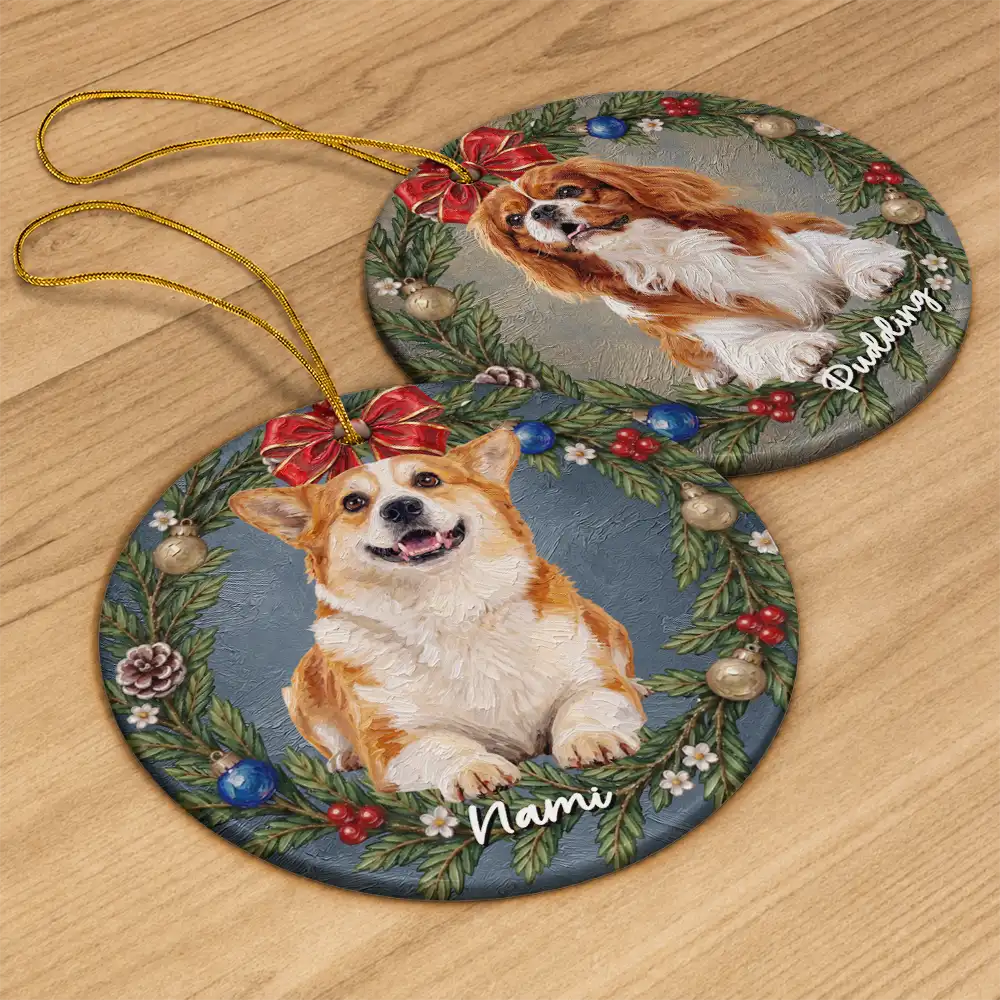 Art Design,Christmas,Cozy,Dog Lovers,Pet Lovers,Photo - Oil Painting - Custom Photo Oil Painting Dog Pet Portrait In Floral Wreath - Personalized Circle Ceramic Ornament