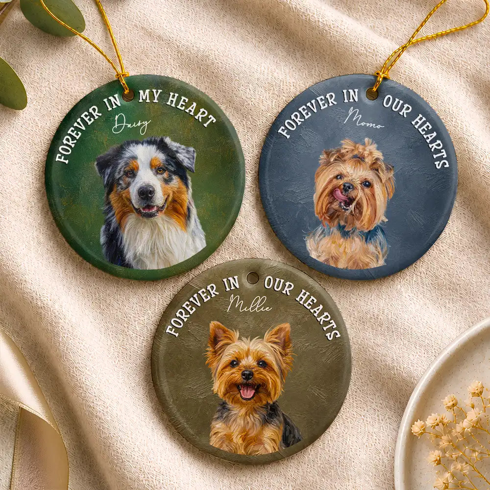 Art Design,Christmas,Pet Memorial,Sympathetic,Pet Lovers,Memorial,Photo - Oil Painting - Custom Photo Oil Painting Dog Pet Portrait Memorial - Personalized Circle Ceramic Ornament