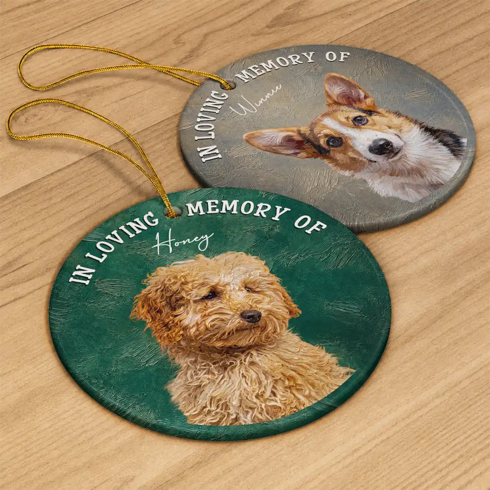 Art Design,Christmas,Pet Memorial,Sympathetic,Pet Lovers,Memorial,Photo - Oil Painting - Custom Photo Oil Painting Dog Pet Portrait Memorial - Personalized Circle Ceramic Ornament