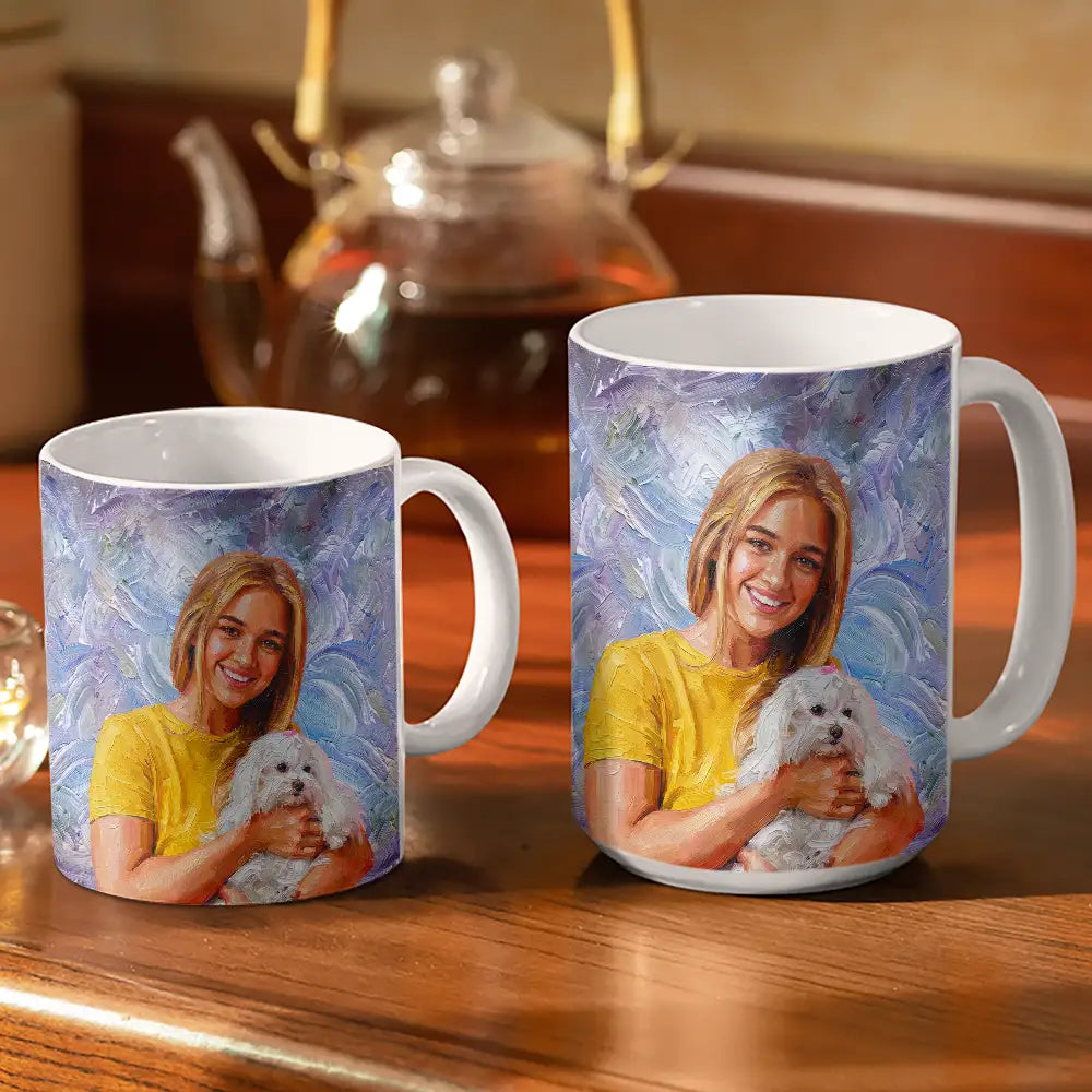 Art Design,Sentimental,Pet Lovers,Photo - Oil Painting - Custom Photo Oil Painting Family Dad Mom Kid Pet Portrait - Personalized White Edge-to-Edge Mug