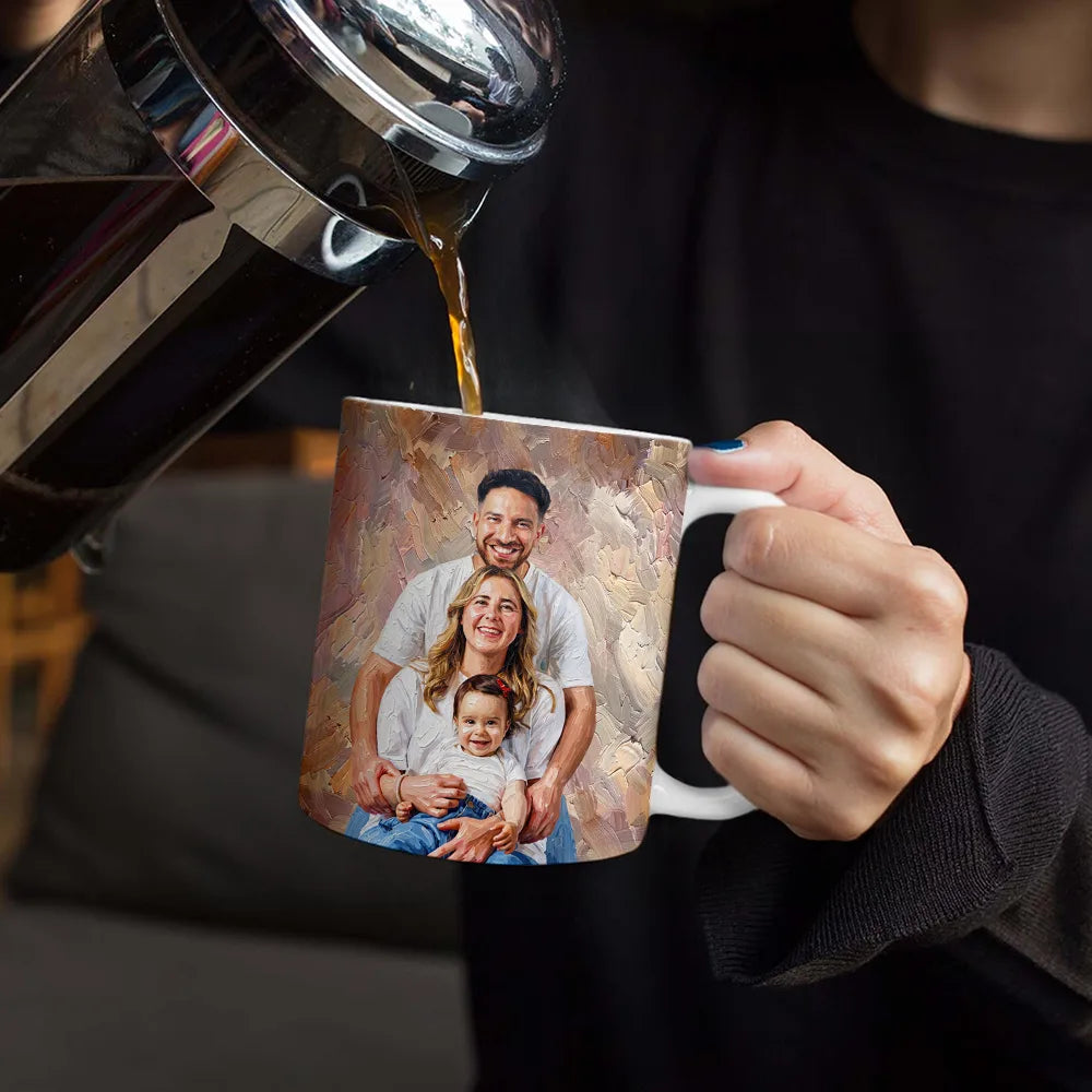 Art Design,Sentimental,Pet Lovers,Photo - Oil Painting - Custom Photo Oil Painting Family Dad Mom Kid Pet Portrait - Personalized White Edge-to-Edge Mug