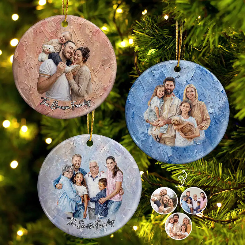 Art Design,Sentimental,Christmas,Family,Photo - Oil Painting - Custom Photo Oil Painting Happy Family Together - Personalized Circle Ceramic Ornament