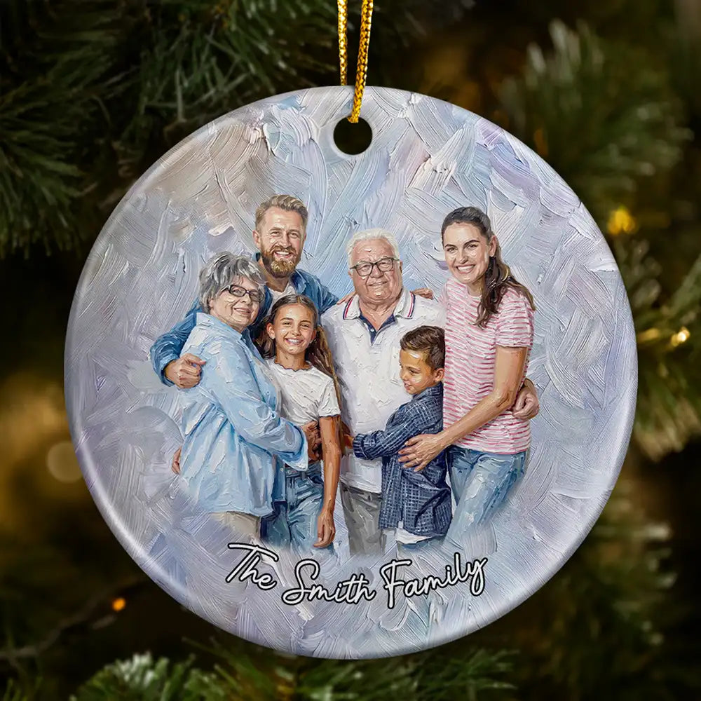 Art Design,Sentimental,Christmas,Family,Photo - Oil Painting - Custom Photo Oil Painting Happy Family Together - Personalized Circle Ceramic Ornament