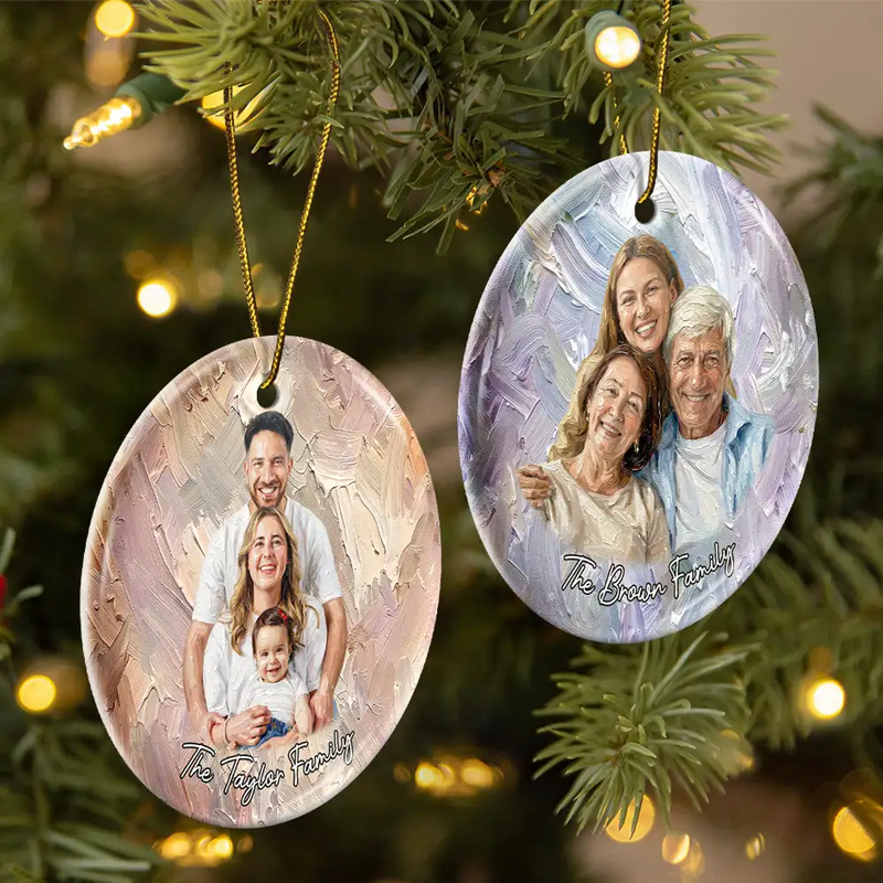 Custom Photo Oil Painting Happy Family Together - Personalized Circle Ceramic Ornament