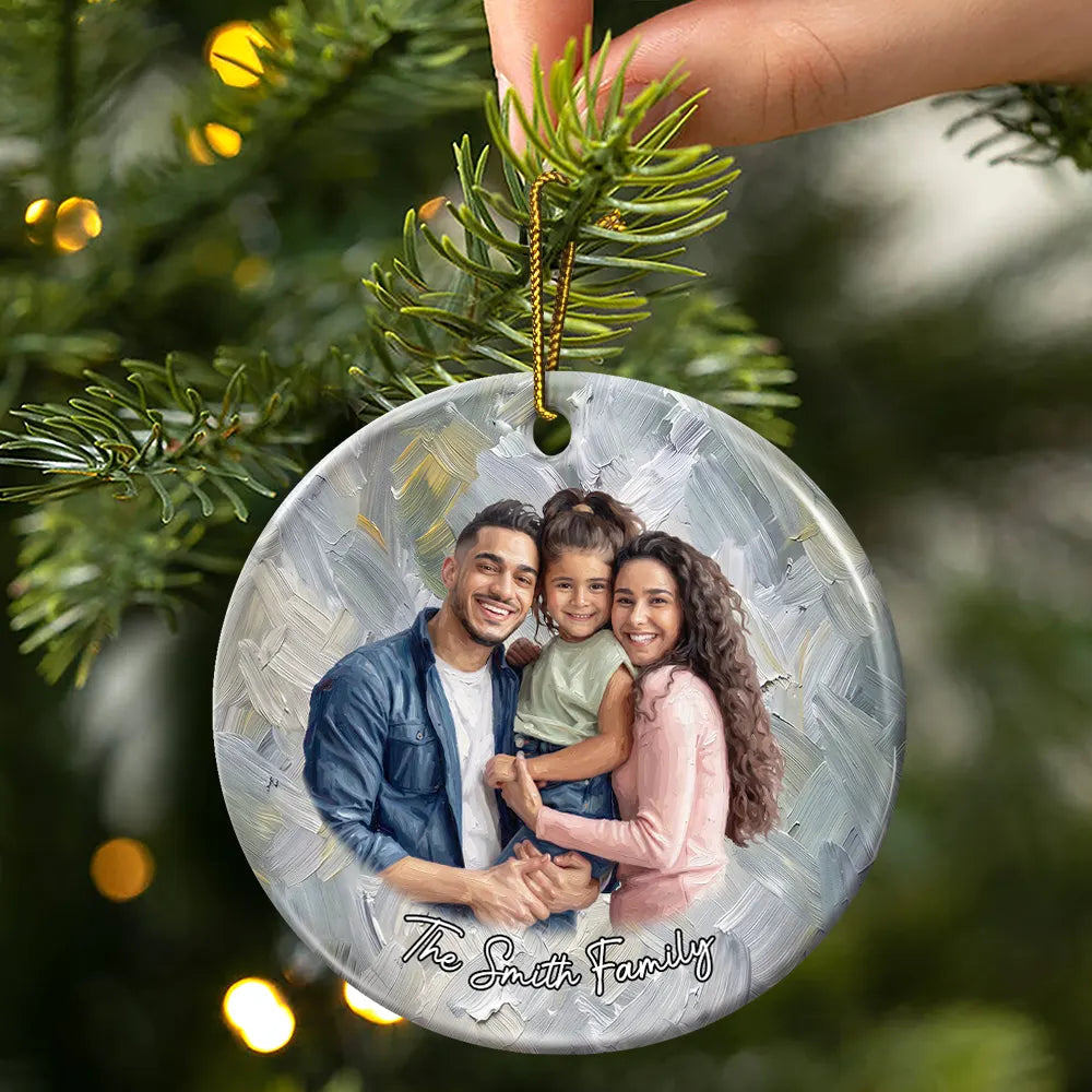 Art Design,Sentimental,Christmas,Family,Photo - Oil Painting - Custom Photo Oil Painting Happy Family Together - Personalized Circle Ceramic Ornament