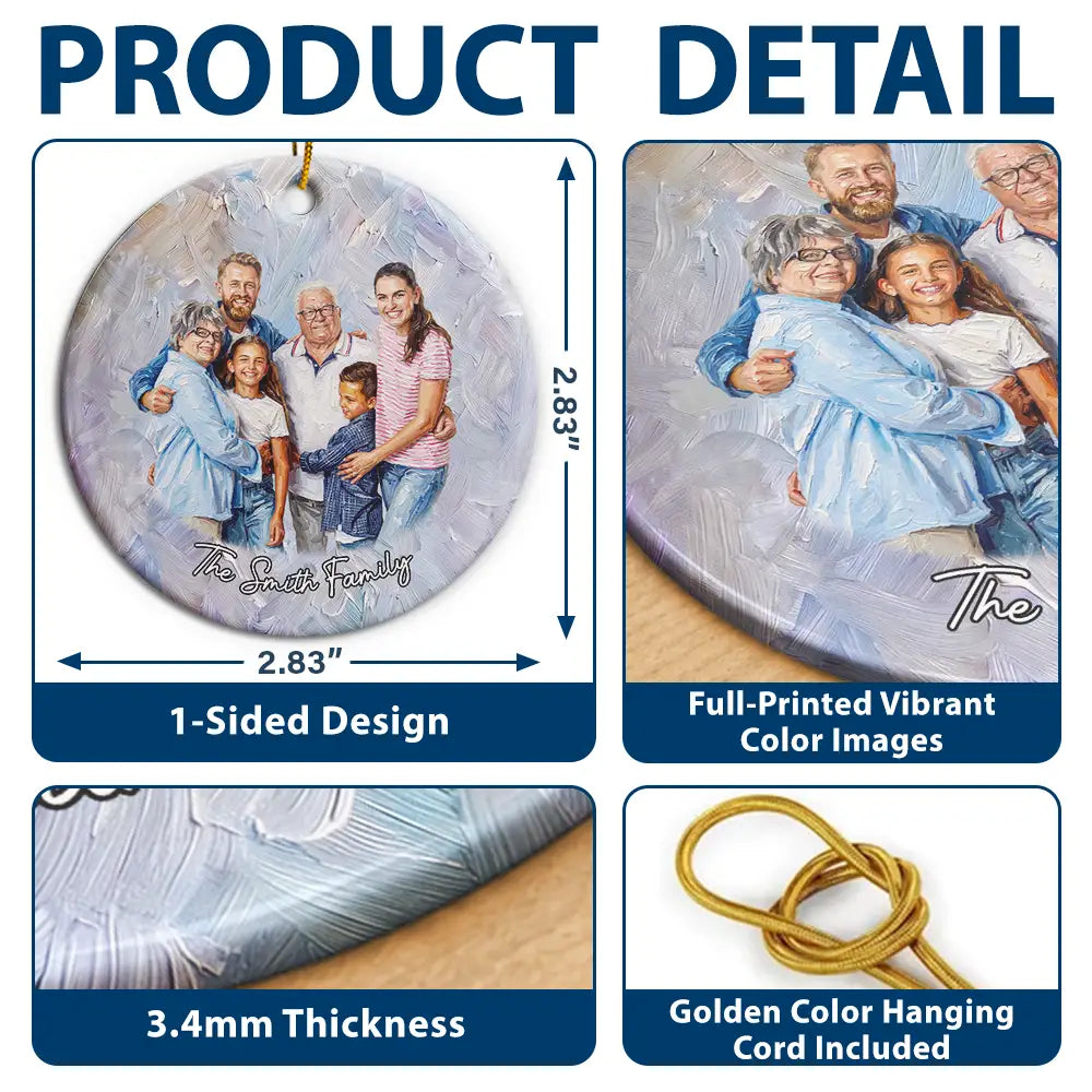 Art Design,Sentimental,Christmas,Family,Photo - Oil Painting - Custom Photo Oil Painting Happy Family Together - Personalized Circle Ceramic Ornament
