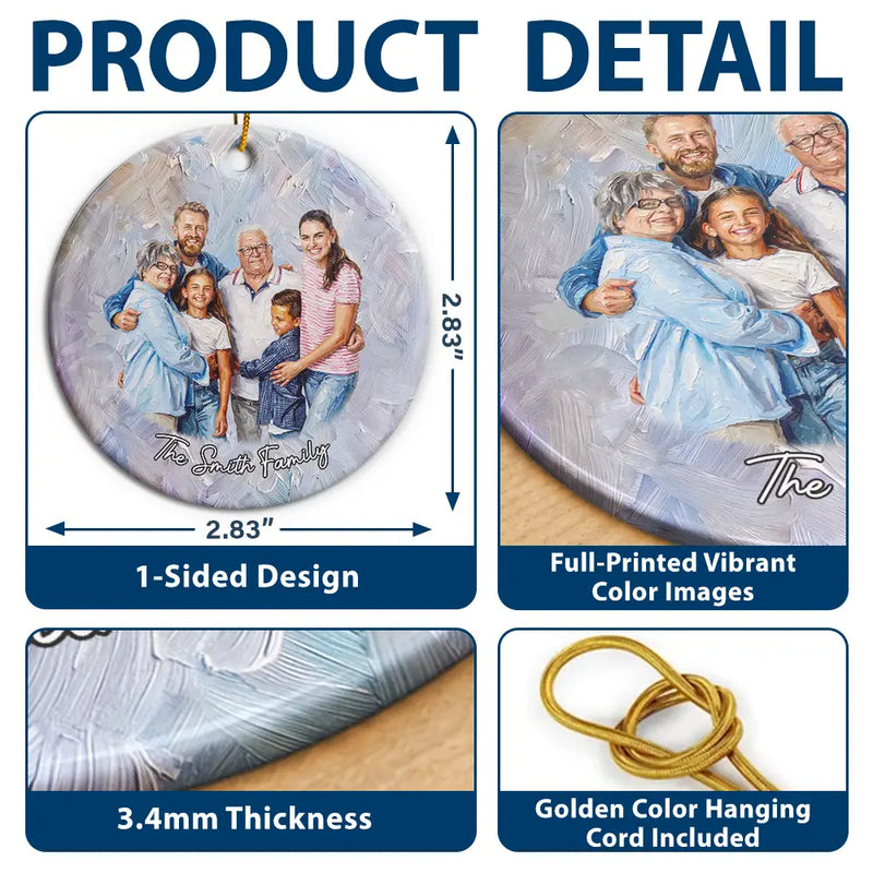 Art Design,Sentimental,Christmas,Family,Photo - Oil Painting - Custom Photo Oil Painting Happy Family Together - Personalized Circle Ceramic Ornament