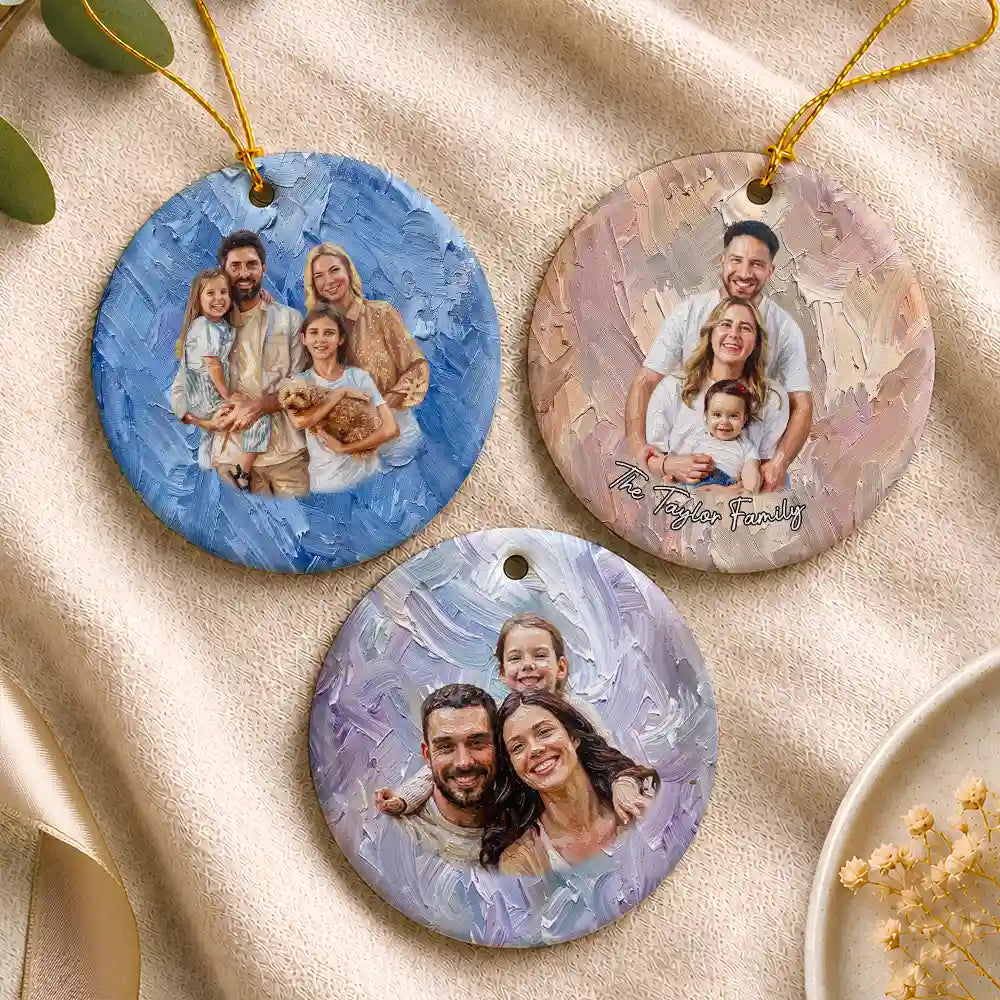 Art Design,Sentimental,Christmas,Family,Photo - Oil Painting - Custom Photo Oil Painting Happy Family Together - Personalized Circle Ceramic Ornament