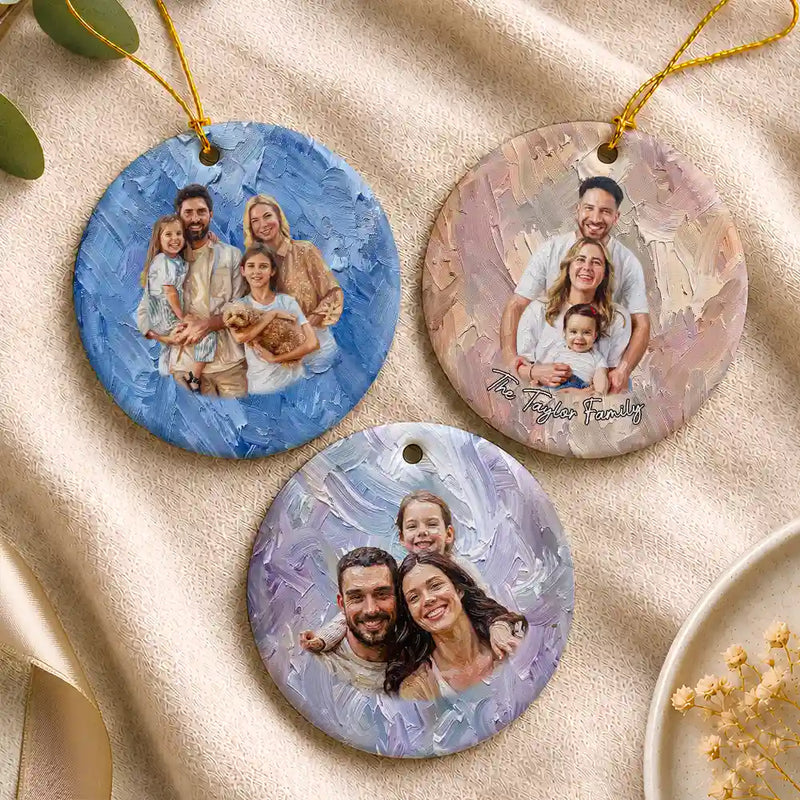 Art Design,Sentimental,Christmas,Family,Photo - Oil Painting - Custom Photo Oil Painting Happy Family Together - Personalized Circle Ceramic Ornament