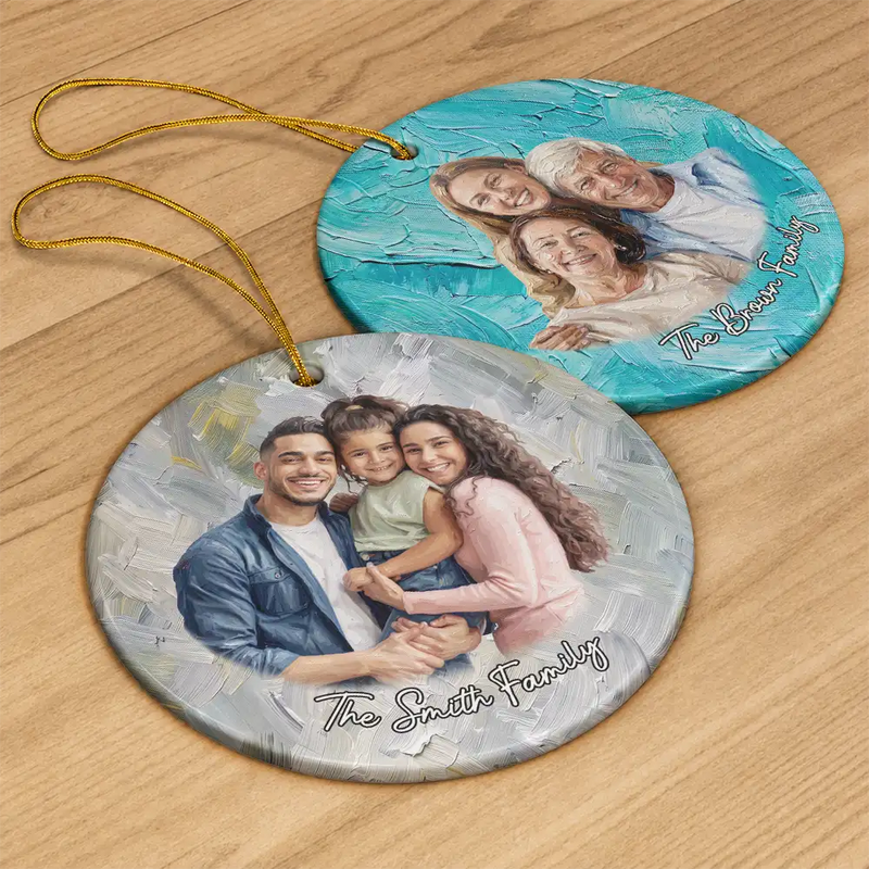 Art Design,Sentimental,Christmas,Family,Photo - Oil Painting - Custom Photo Oil Painting Happy Family Together - Personalized Circle Ceramic Ornament