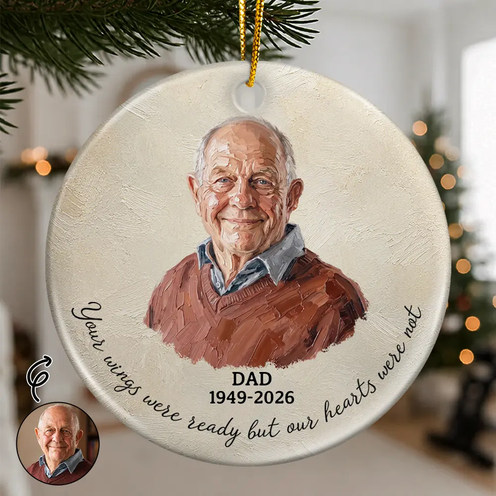 Art Design,Memorial Loved One,Christmas,Sympathetic,Family,Memorial,Photo - Oil Painting - Custom Photo Oil Painting Memorial Forever Loved - Personalized Circle Ceramic Ornament