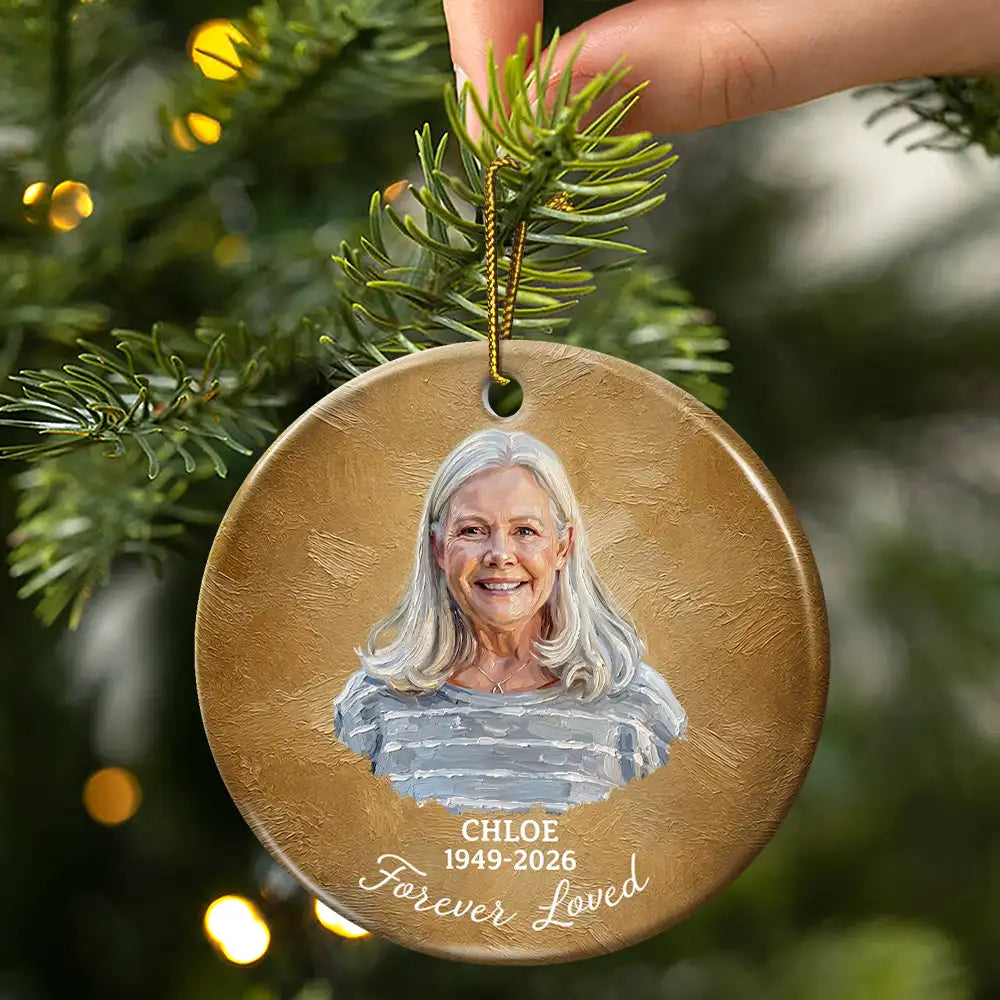 Art Design,Memorial Loved One,Christmas,Sympathetic,Family,Memorial,Photo - Oil Painting - Custom Photo Oil Painting Memorial Forever Loved - Personalized Circle Ceramic Ornament