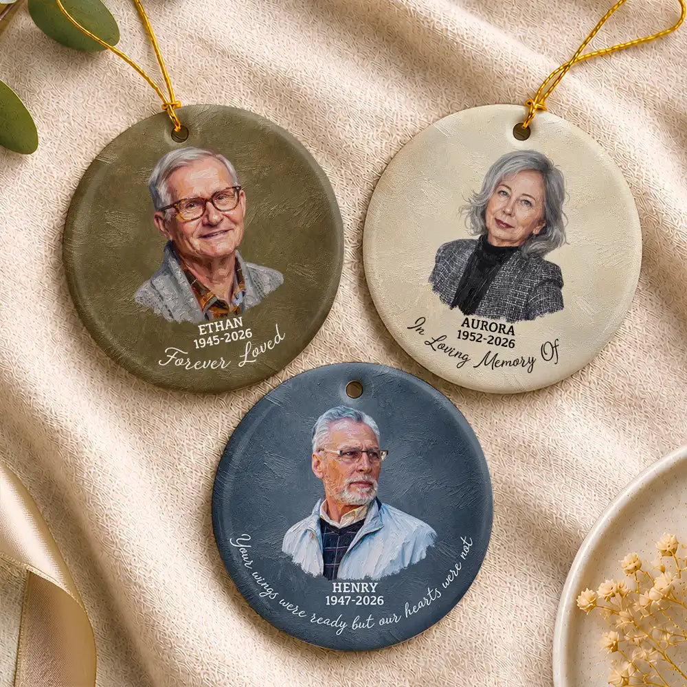 Art Design,Memorial Loved One,Christmas,Sympathetic,Family,Memorial,Photo - Oil Painting - Custom Photo Oil Painting Memorial Forever Loved - Personalized Circle Ceramic Ornament