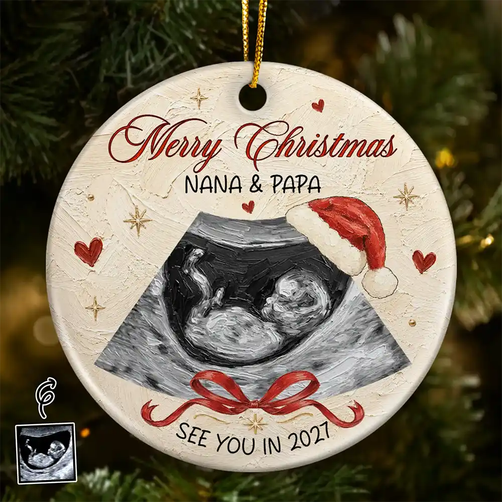 Art Design,Sentimental,Christmas,Gift For Mother,Pregnant Mom,Photo - Oil Painting - Custom Photo Oil Painting New Baby See You Soon - Personalized Circle Ceramic Ornament
