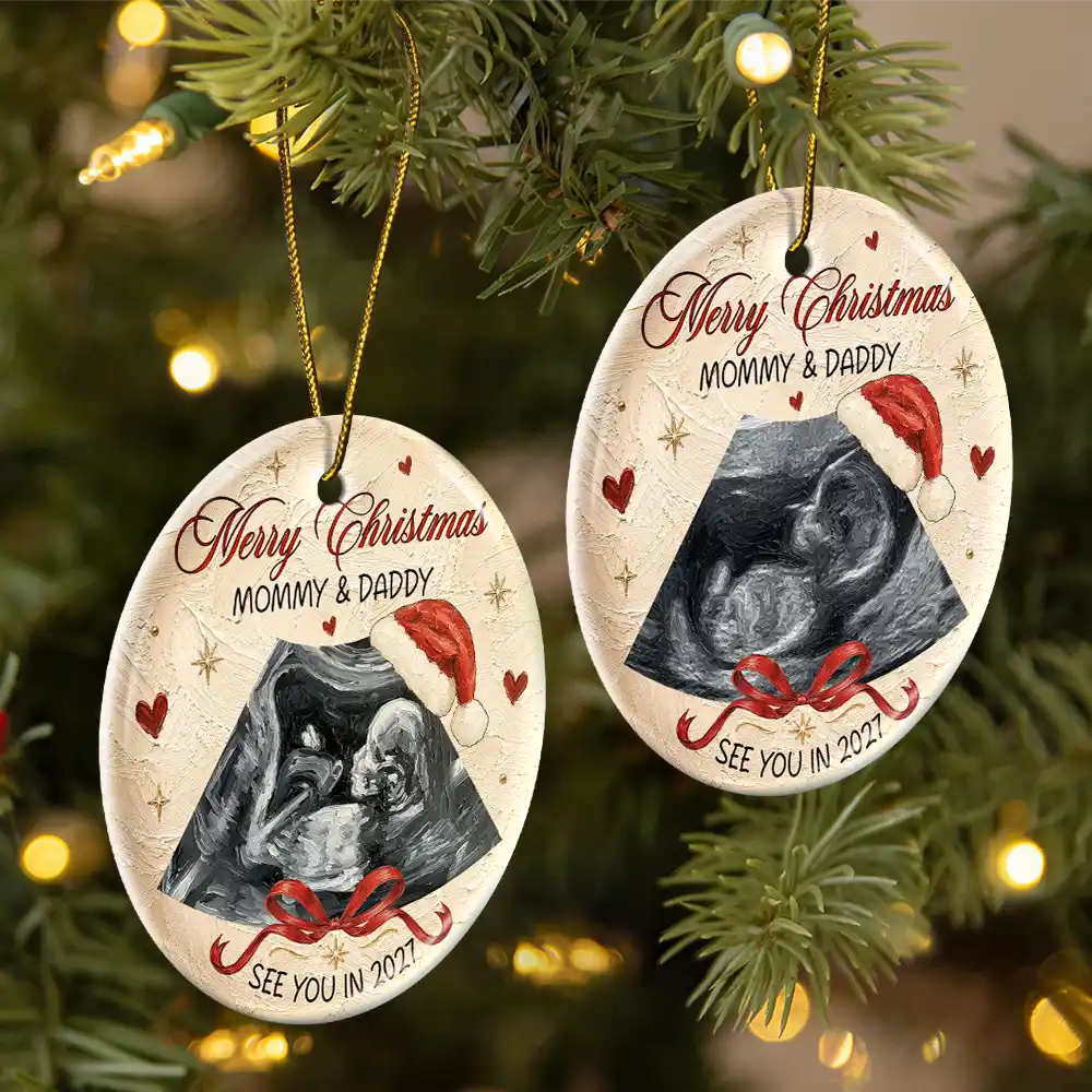 Art Design,Sentimental,Christmas,Gift For Mother,Pregnant Mom,Photo - Oil Painting - Custom Photo Oil Painting New Baby See You Soon - Personalized Circle Ceramic Ornament