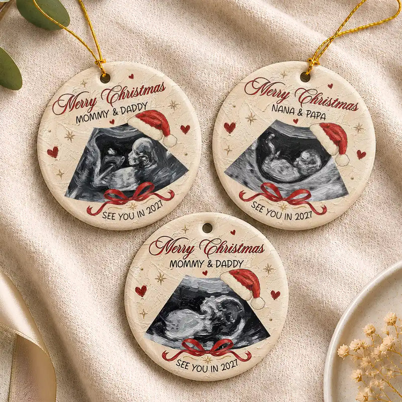 Art Design,Sentimental,Christmas,Gift For Mother,Pregnant Mom,Photo - Oil Painting - Custom Photo Oil Painting New Baby See You Soon - Personalized Circle Ceramic Ornament