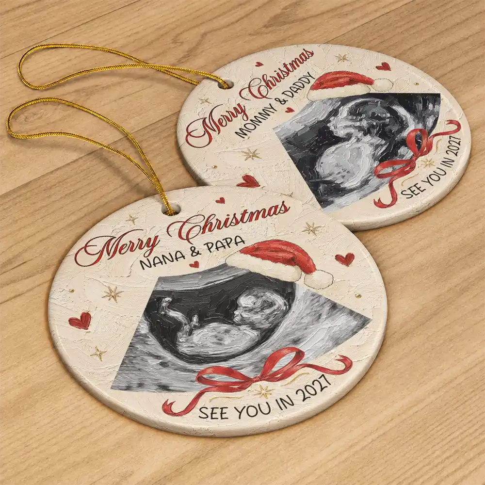 Art Design,Sentimental,Christmas,Gift For Mother,Pregnant Mom,Photo - Oil Painting - Custom Photo Oil Painting New Baby See You Soon - Personalized Circle Ceramic Ornament