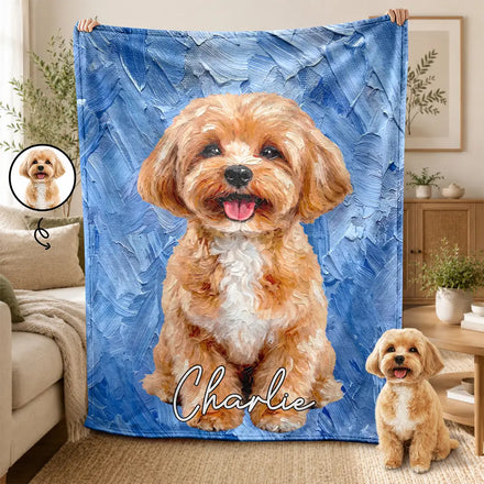 Custom Photo Oil Painting Pet Dog Cat Portrait - Personalized Fleece Blanket, Sherpa Blanket